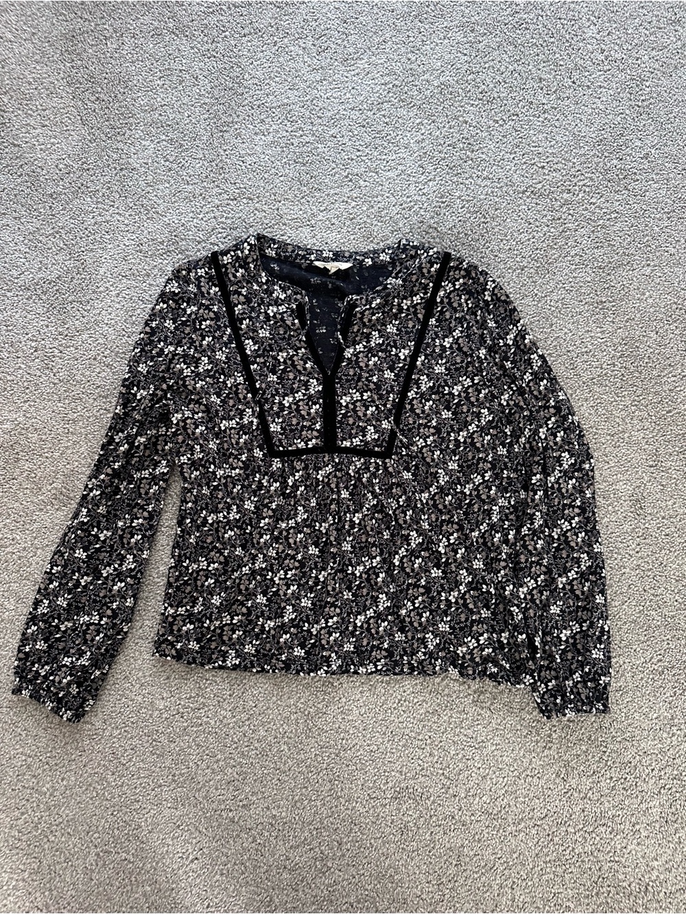 Lucky Brand Black Floral Long-Sleeve Peasant Top